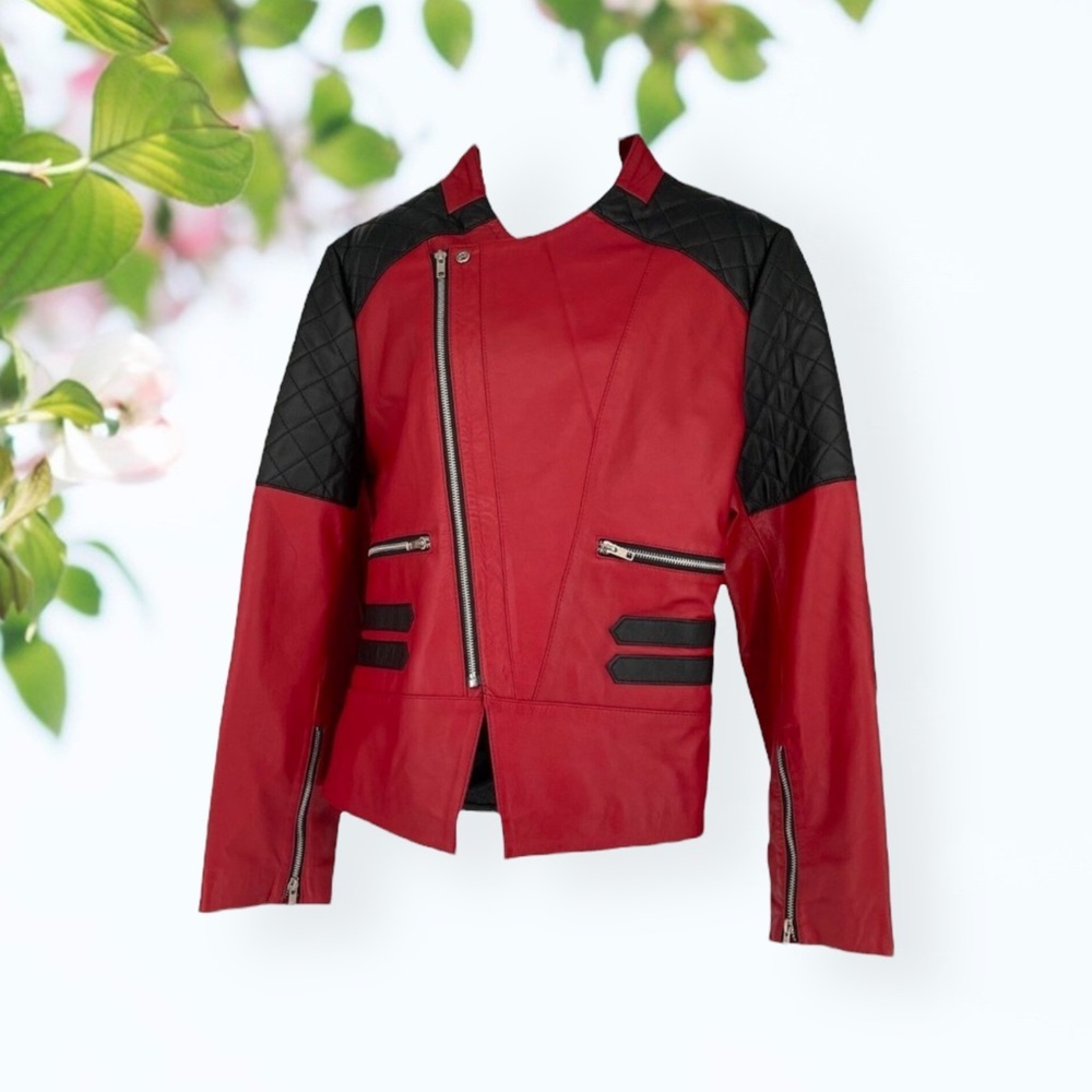 Factory Extreme Red And Black Leather Moto Motorcycle Jacket Size Large